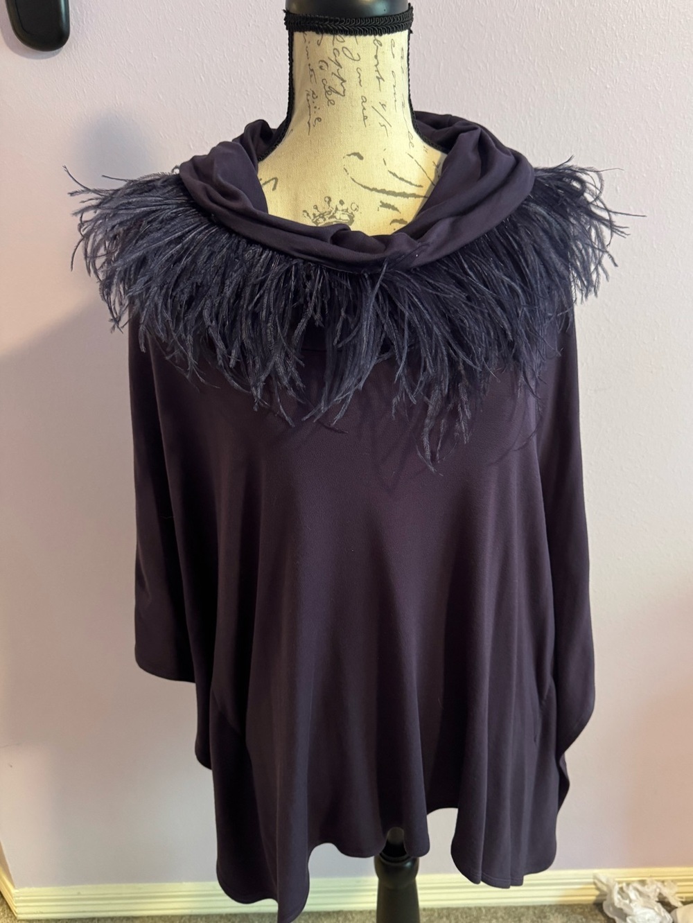 Chico's eggplant  Feather-Trim Funnel Neck poncho